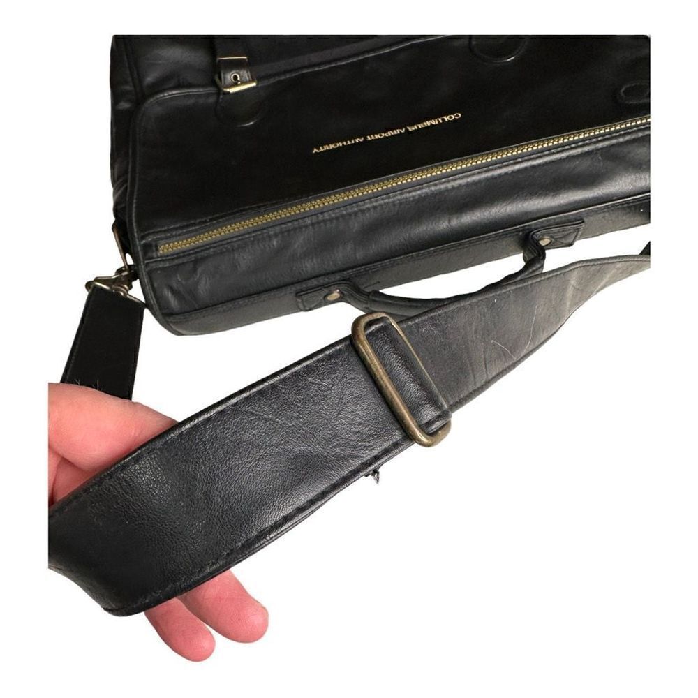 Large leather travel/work bag black with lots of pockets adjustable shoulder str - Picture 10 of 16